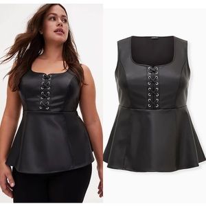 Torrid Black Faux Leather Lace-Up Peplum Top